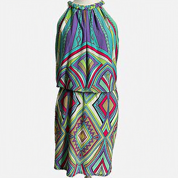 London Times Dresses & Skirts - London Times Colorful Geometric Diamond Print Halter Style Midi Dress